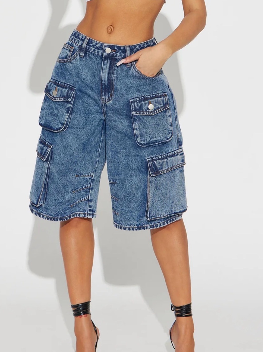Washed Blue Denim Cargo Bermuda Shorts
